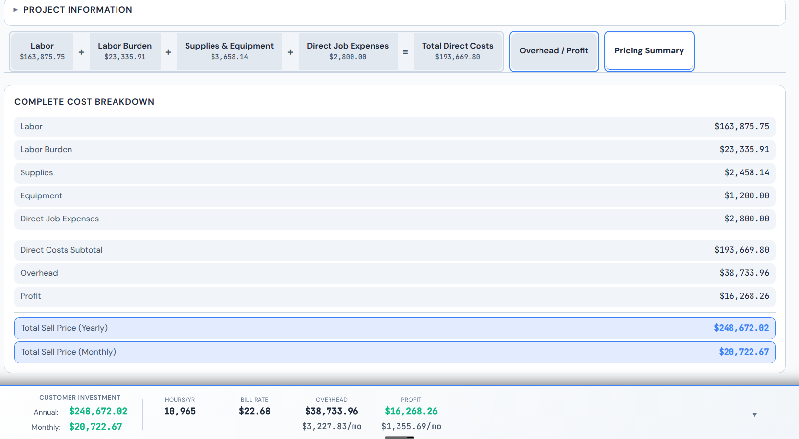 Janitorial pricing calculator interface showing quote details